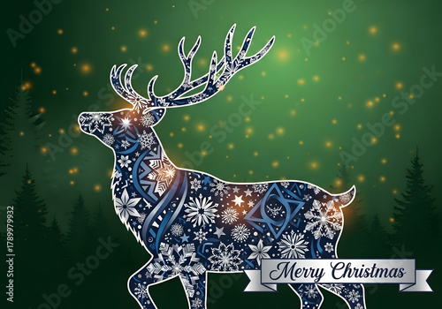 Celestial Christmas Stag: A majestic stag silhouette, adorned with intricate snowflake patterns, stands proudly against a backdrop of twinkling stars and a serene forest.