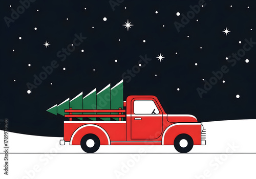 Christmas Delivery: A classic red pickup truck, laden with a vibrant green Christmas tree, travels through a serene winter night, illuminated by twinkling stars and the anticipation of the season.