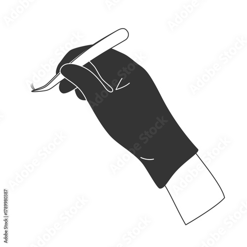 Lashmaker hand in gloves holding tweezers for volume eyelash extensions. Vector artificial lashes, equipment and materials for salon beauty procedure. Professional tweezing by stylist