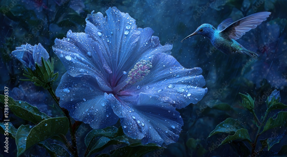 Fototapeta premium Enchanted Blossom: An ethereal blue hibiscus flower glistens with morning dew, as a hummingbird approaches, wings in mid-flight, creates a magical scene