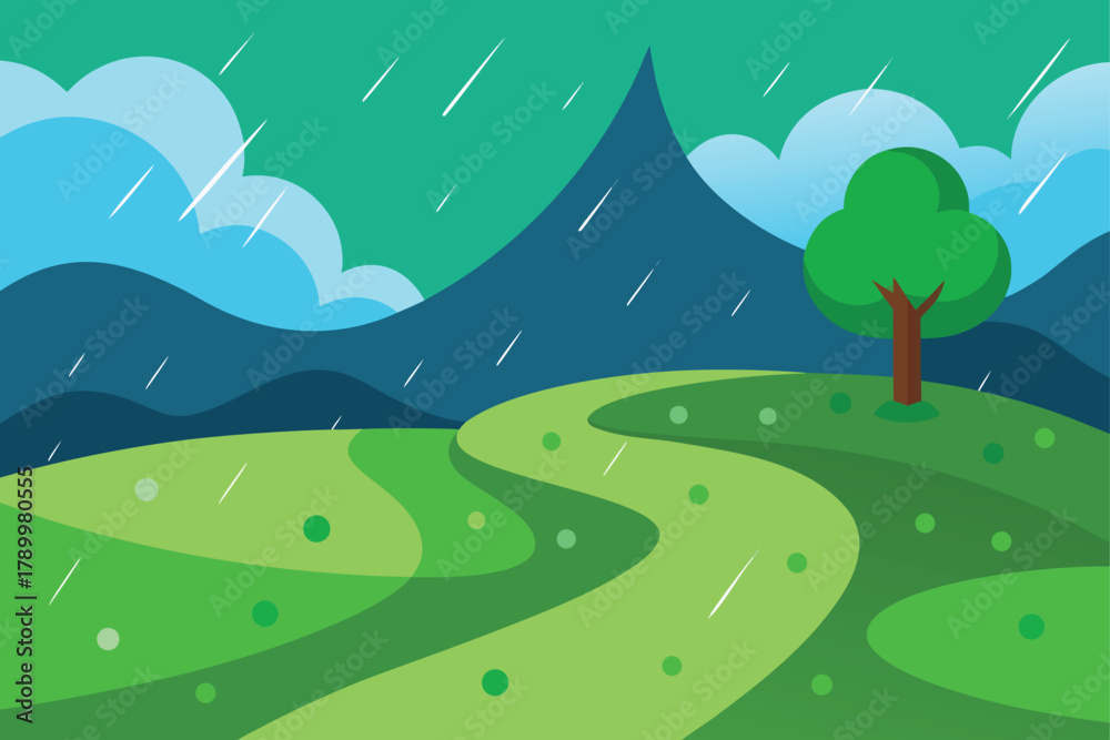 Fototapeta premium Rainy landscape with green hills, winding road, mountains, and tree