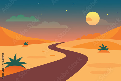 Desert road at sunset, with a golden moon, dark sky, and vibrant sand dunes