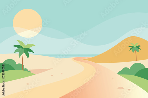 Sandy beach with a winding path leading to the ocean under a bright sun