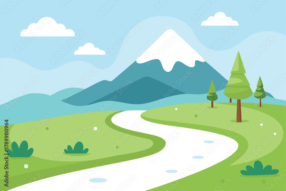 Fototapeta premium Winding road through lush green mountains with snow-capped peak and trees