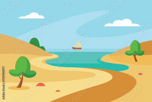 Winding path on a sandy beach by ocean with sailboat and tropical trees