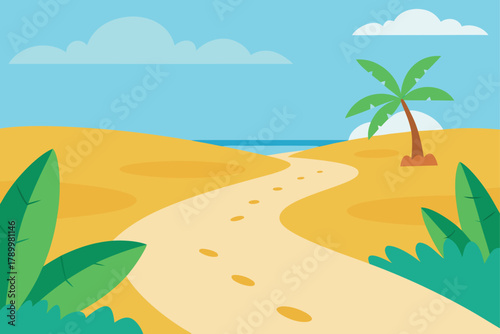 Winding path with footprints in sand leading to ocean under cloudy sky flat illustration