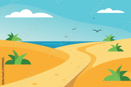 Sandy path with footprints leading to vast ocean under blue sky with white clouds