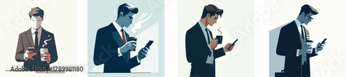 A businessman checking messages on his smartphone while holding a coffee cup, flat design, minimal and clean style, white background