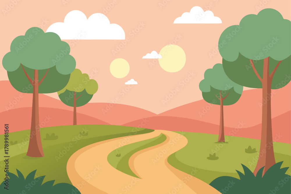 Obraz premium A winding country road through a forest with green trees and orange sky