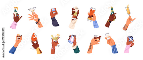 Set of hands holding glasses of alcohol drinks. People toast with wineglasses of cocktails, shots of vodka, bottle of beer. Celebration at party. Flat isolated vector illustrations on white background