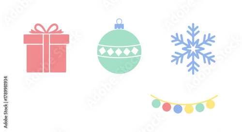 Set of pastel colored christmas icons including a gift box ornament snowflake and string lights on a white background
