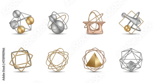 Collection of abstract geometric sculptures and wireframe models in metallic gold and silver tones on white background