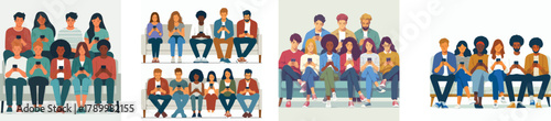 A group of friends sitting together but each focused on their own smartphone, flat design, simple and minimalistic style, white background