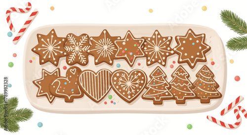 A festive platter of decorated gingerbread cookies in various christmas shapes like stars snowflakes hearts and trees with candy canes and fir branches