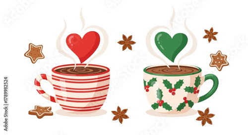 Two steaming mugs of hot chocolate with heart shaped steam and festive christmas cookies and star anise on white background