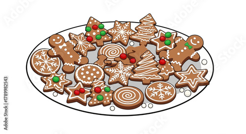 A festive assortment of delicious gingerbread cookies decorated with white icing and colorful candies on a platter
