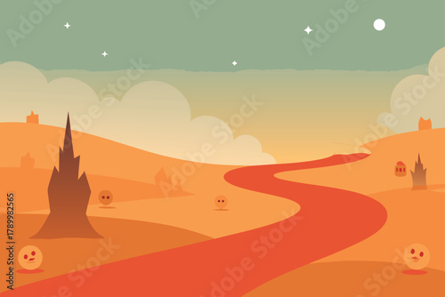 Desert landscape with unique rock formations and a winding red road at sunset