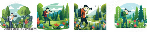 A photographer taking photos of nature with a DSLR camera, standing in a forest, flat design, simple and minimalistic style, white background, vector illustration
