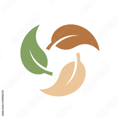Eco-friendly recycling symbol with three leaves in green, brown, and tan colors, representing sustainability and environmental care