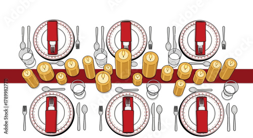 Elegant dining table setting with multiple place settings red napkins and glowing candles creating a warm ambiance