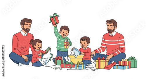 Happy family opening christmas presents together on the floor with joy and excitement