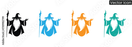 Enchanting wizard silhouette in multiple colors, conjuring magic with a staff and outstretched hand, perfect for fantasy themes and mystical branding.