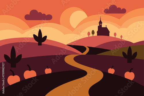 Autumn landscape with church and winding road under a warm sunset sky