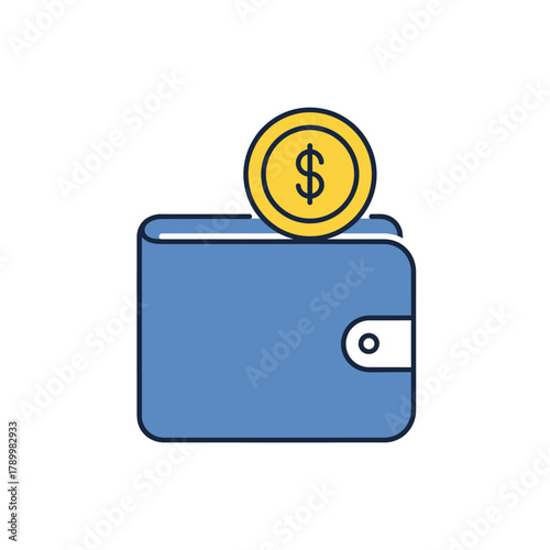 Blue leather wallet with a golden dollar coin on top, symbolizing financial transactions and savings
