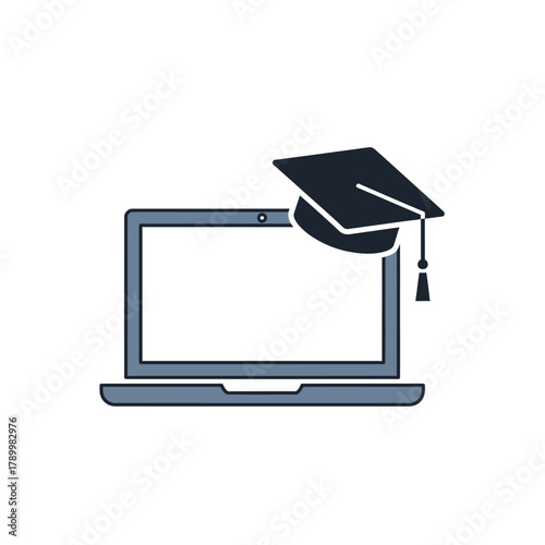Flat vector icon illustrating the concept of modern digital education, e-learning, and online graduation. A laptop with a mortarboard cap