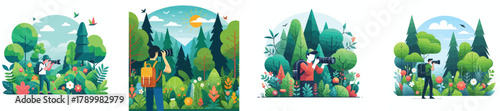 A photographer taking photos of nature with a DSLR camera, standing in a forest, flat design, simple and minimalistic style, white background, vector illustration