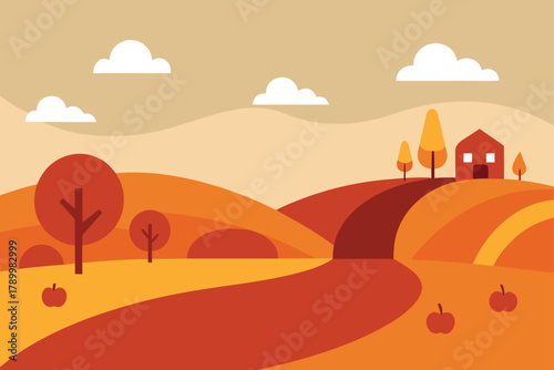 Autumn rural landscape with house, rolling hills, trees, and apples