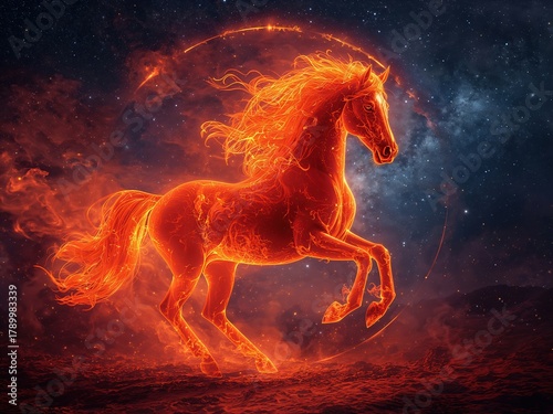 Red fiery horse against a cosmic background with a glowing halo and blazing mane. The image references the Chinese calendar and the festive symbolism of 2026.