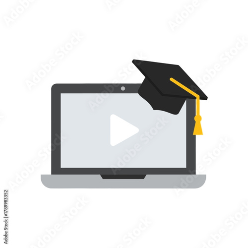 Laptop with graduation cap and play button icon representing online education and digital learning opportunities