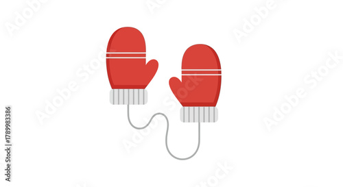 Pair of red knitted mittens connected by a string isolated on a white background winter accessory illustration