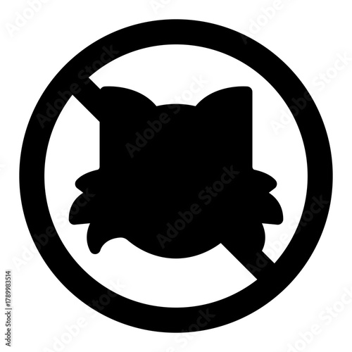 Cat head ban solid icon, pets concept. Vector graphics. Kitty forbidden, prohibited item sign on white background, style icon mobile or web design.