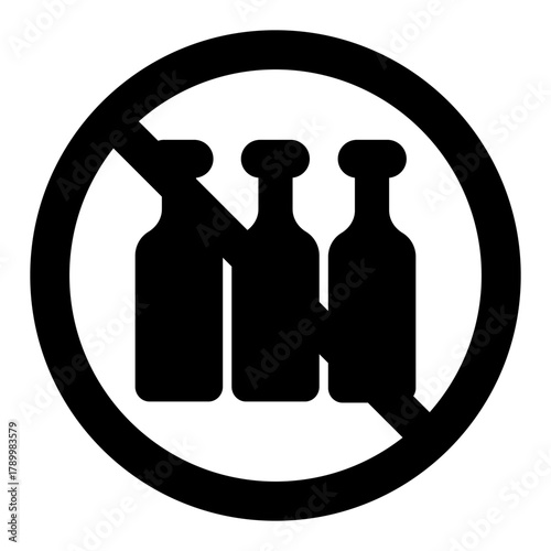 Glass bottles ban solid icon, processing of raw materials concept. Vector graphics. Forbidden, prohibited item sign on white background, style icon mobile or web design.