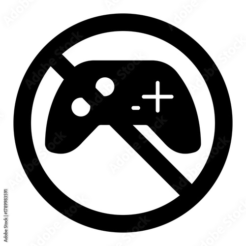 Joystick ban solid icon, game controller concept. Vector graphics. Gaming forbidden, prohibited item sign on white background, style icon mobile or web design.