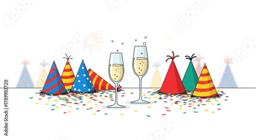 Celebration scene with two champagne glasses colorful party hats and confetti on a white background with subtle festive accents