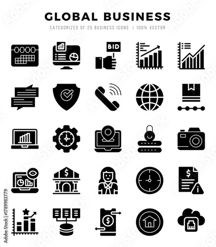 Set of simple Glyph Global Business Icons. Glyph art icons pack.