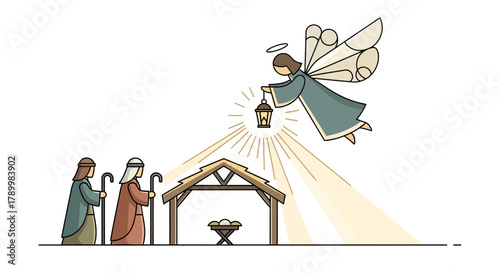 Angel with lantern shines light on nativity scene with shepherds and manger