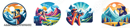 A travel photographer taking landscape photos with a mountain in the background, flat design, clean vector illustration, white background