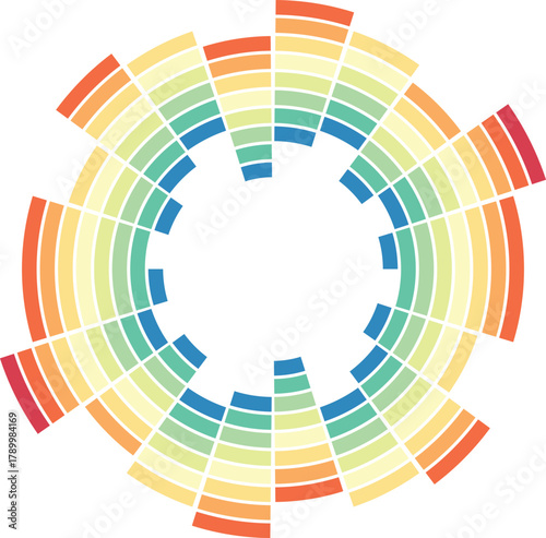 Colorful circular sound equalizer graphic showing abstract audio spectrum visualization in gradient tones of red, orange, yellow, green, and blue on white background for music concept.
