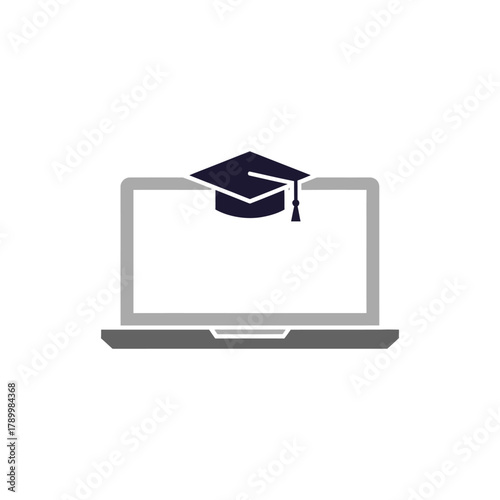 Online Learning Icon Laptop with Graduation Cap, Representing Education and Academic Success