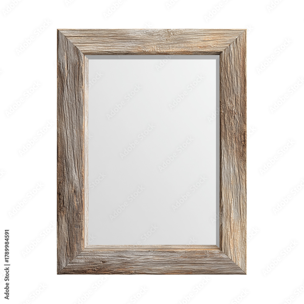Fototapeta premium Wall-mounted mirror with a weathered wood frame, perfect for a rustic cottage entryway isolated on transparent White background png