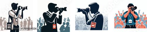 A photojournalist taking pictures during an event, wearing a press badge, flat design, simple and clean composition, white background