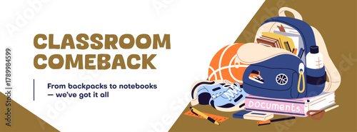 Back to school sale banner design. Advertising template of discounts for books, stationery and backpacks. Promotion layout of store with items for education and study. Flat vector illustration