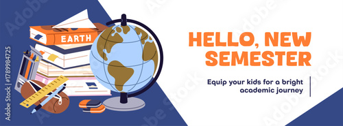 Design of back to school banner with advertising of books and stationery store. Promotion template of sale, discounts in shop of educational items, textbooks for studying. Flat vector illustration