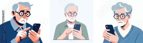 An elderly man wearing glasses using a smartphone with curiosity, flat design, simple and minimalistic style, white background