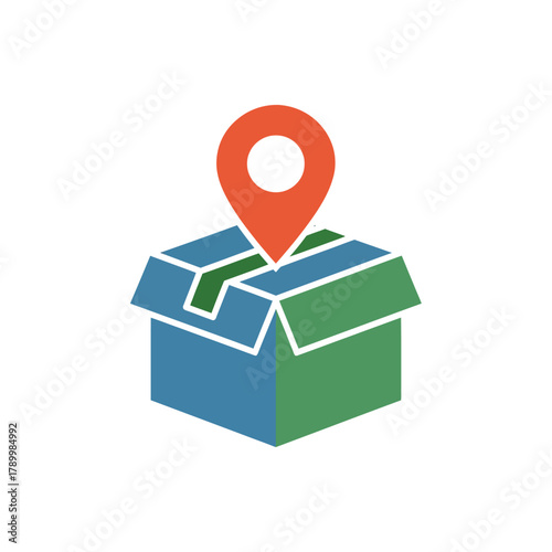 Graphic icon representing efficient parcel delivery and location tracking, featuring a box with a map pin for seamless logistics and e-commerce services