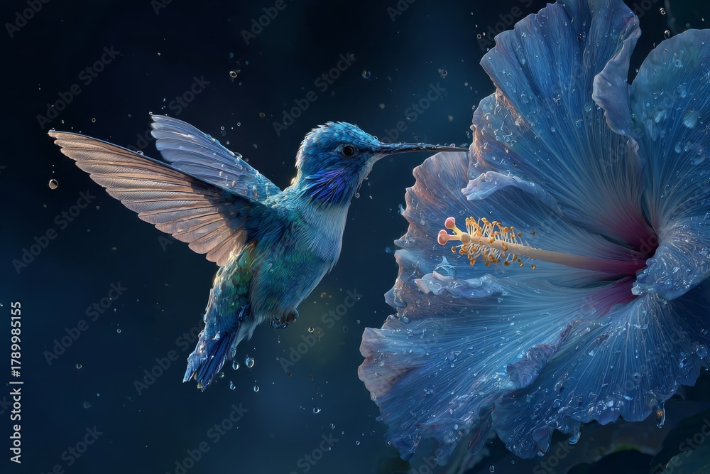 Fototapeta premium Hummingbird and Blue Flower: A hummingbird delicately hovers, its iridescent wings a blur, as it sips nectar from a vibrant blue flower, a captivating dance of nature's beauty.